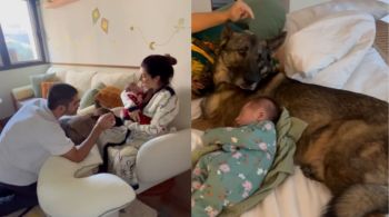 Atriz postou um vídeo da recém-nascida, Pilar, conhecendo a cachorra Tina