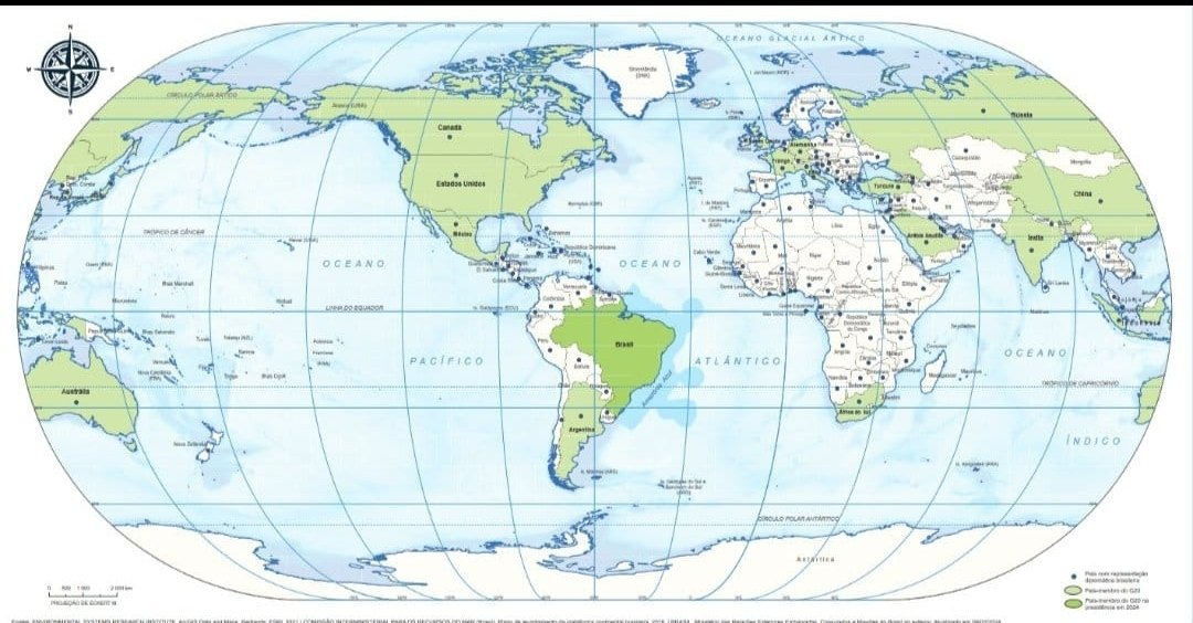 Novo mapa mundi do IBGE que coloca o Brasil no centro do mundo