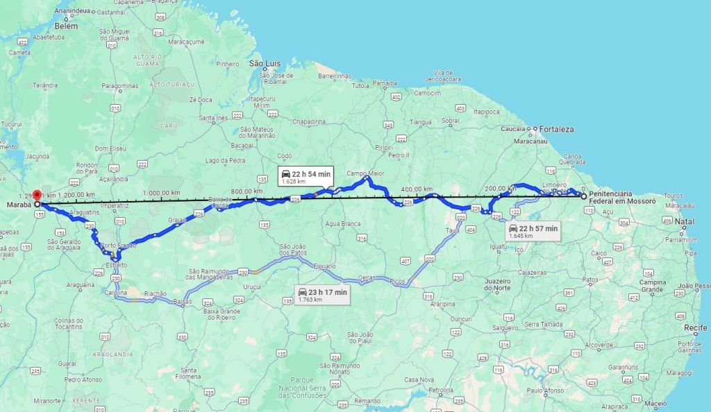 Trajeto entre a penitenciária federal de Mossoró (RN) e a cidade de Marabá (PA); linha preta representa a distância em linha reta