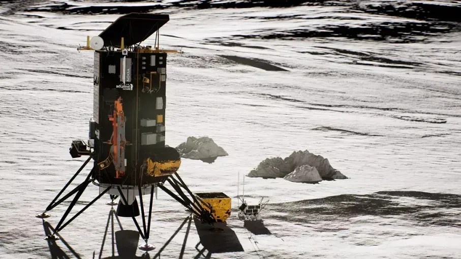 Ilustração artística do Lunar Outpost, com as antenas da Nokia estendidas na Lua