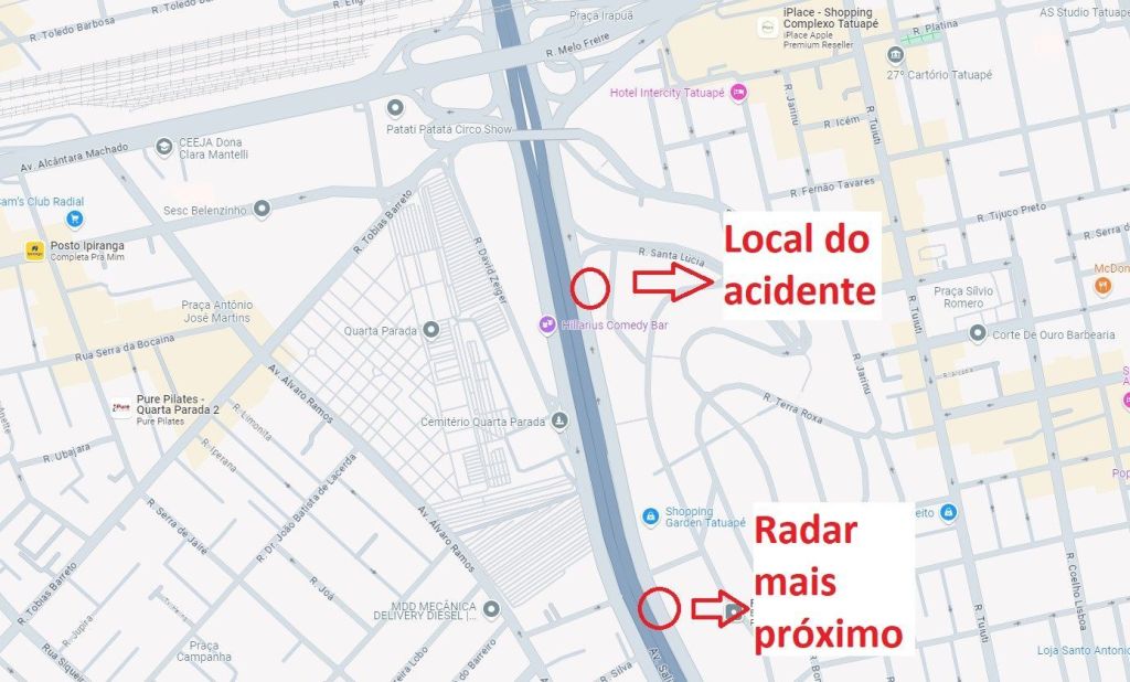 Mapa mostra a distância entre o local do acidente com Porsche e o radar mais próximo