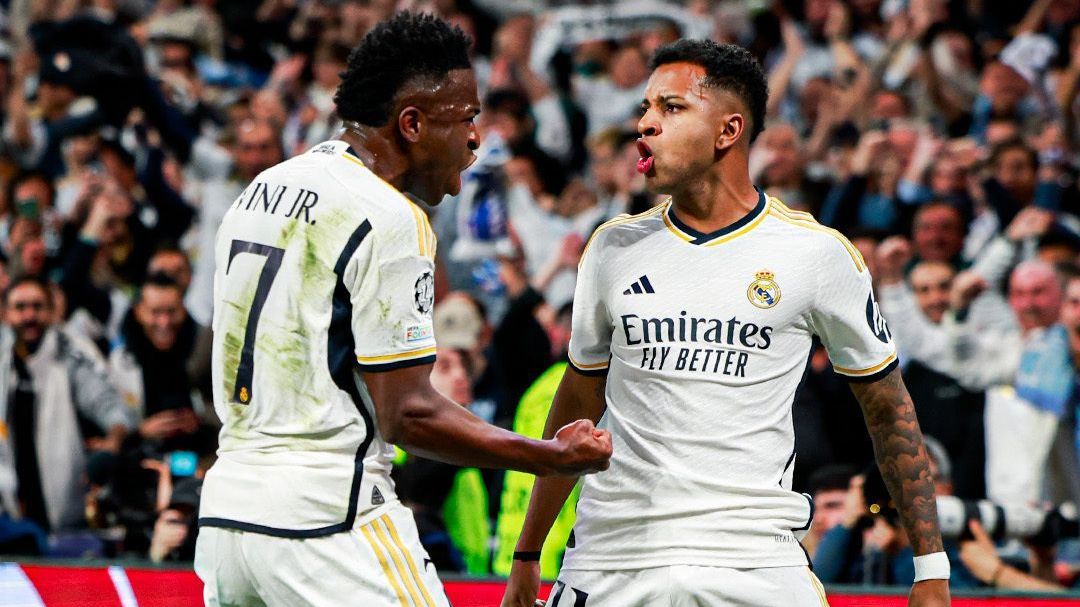 Rodrygo e Vinicius Jr. comemoram gol do Real Madrid sobre o Manchester City este ano