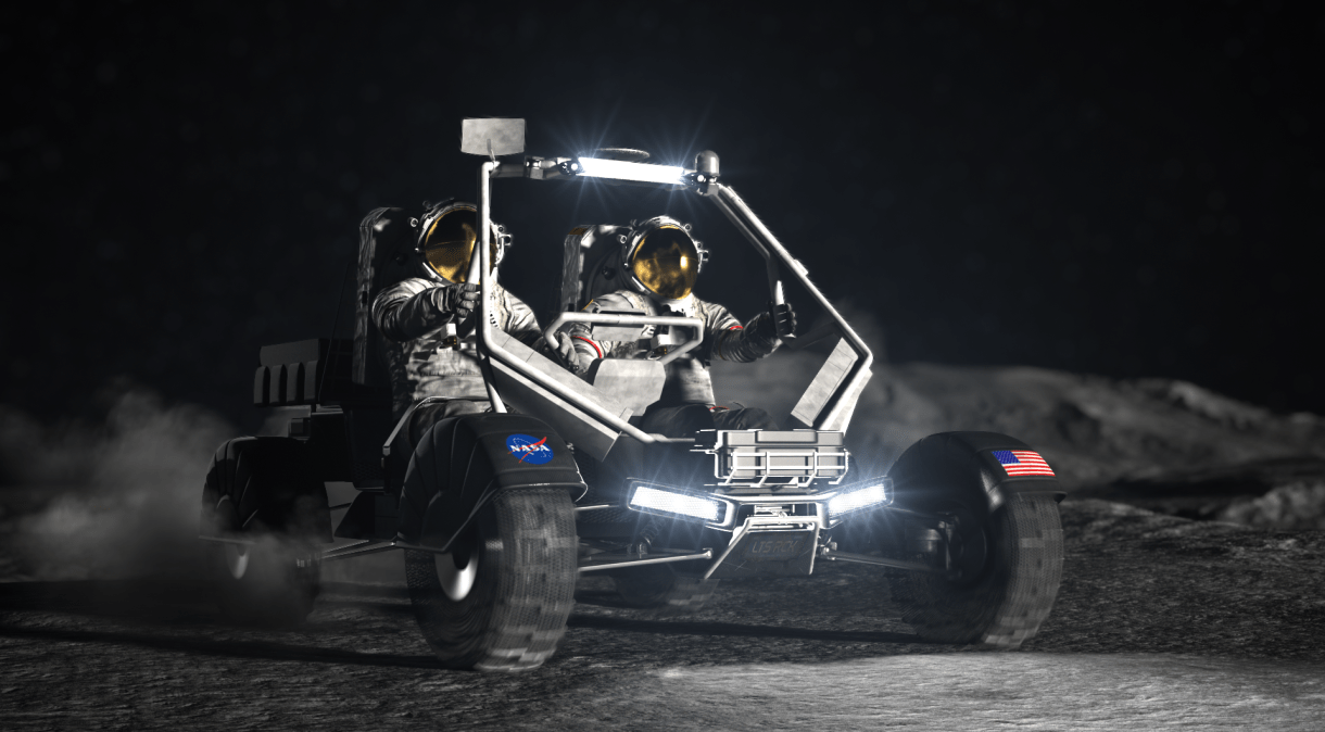 Conceito visual de um carro lunar feito por um artista para a Nasa