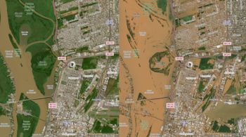 Nas imagens, é possível ver os estádios Beira-Rio, do Internacional, e a Arena do Grêmio tomados pelas águas da enchente que atingiu a capital