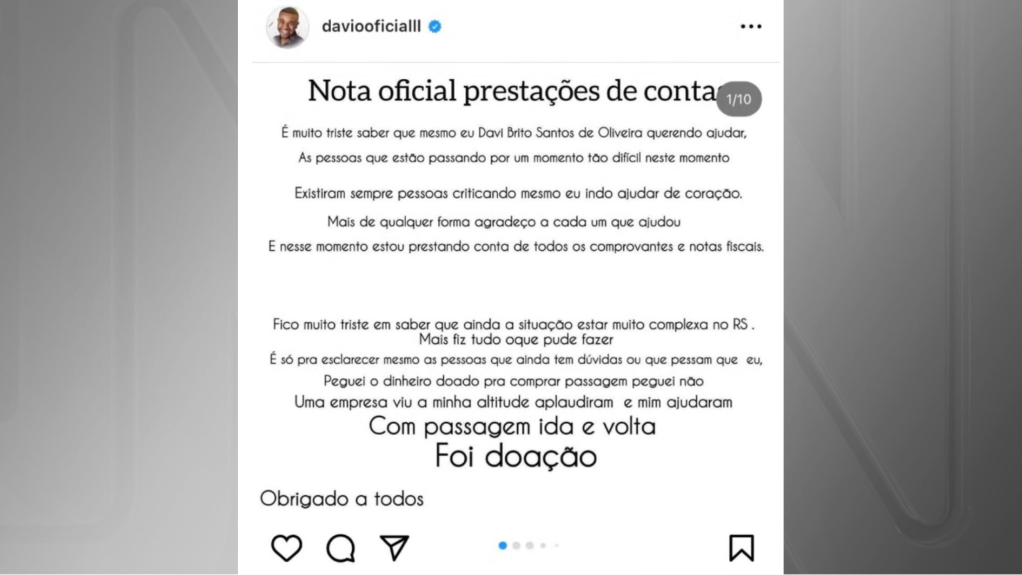 Davi Brito do BBB 24 tenta prestar contas das doações que recebeu por PIX para ajudar vítimas das enchentes no Rio Grande do Sul