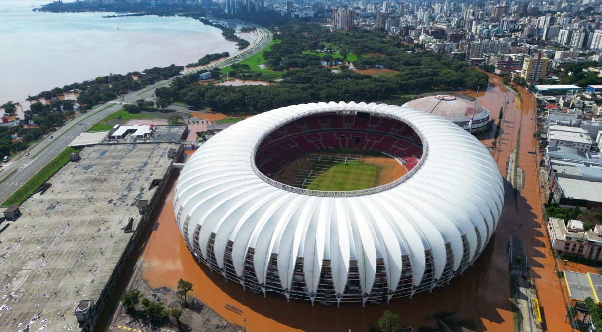 PORTO ALEGRE, BRAZIL - MAY 5: Aerial view of Estadio Beira-Rio with flood damages after the overflow of the Guaiba river on May 5, 2024 in Porto Alegre, Brazil. Rains have struck heavily at Brazilian state of Rio Grande do Sul causing damages in the dam infrastructure. Authorities report over 60 fatalities and expect the death toll to increase as dozens are still missing and more than 20,000 people are displaced.