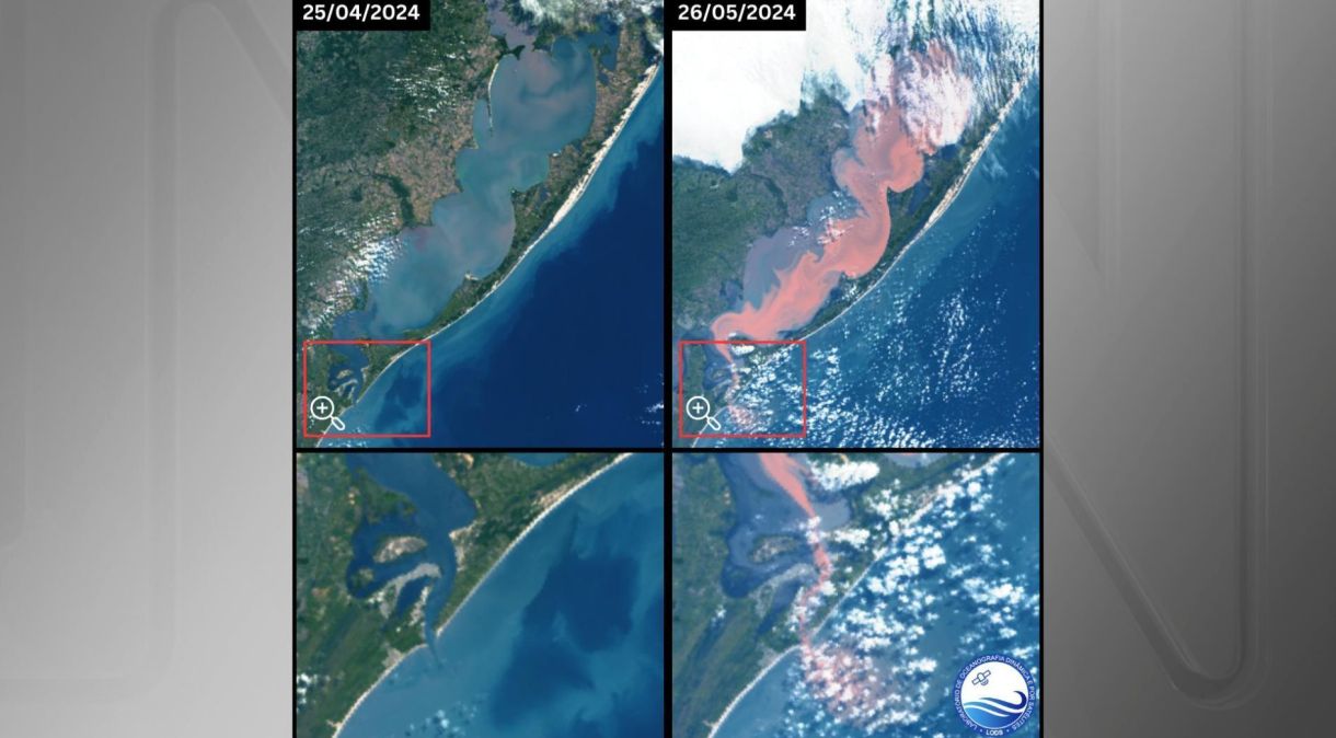 Imagens de satélite comparam o extremo sul da Lagoa dos Patos antes e depois das enchentes que afetaram o Rio Grande do Sul