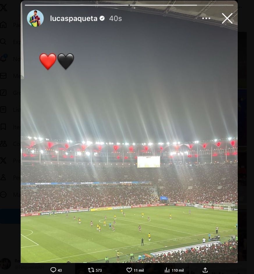 Paquetá faz postagem durante jogo do Flamengo no Maracanã