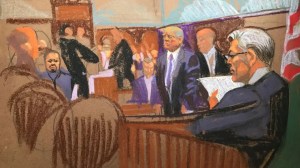 Ilustração do momento da leitura do veredicto no julgamento de Trump