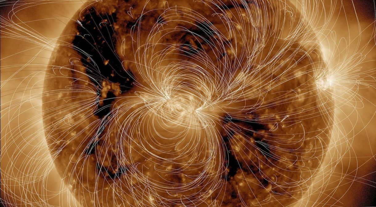 Esta visualização do campo magnético do sol foi gerada pelo Observatório de Dinâmica Solar da Nasa