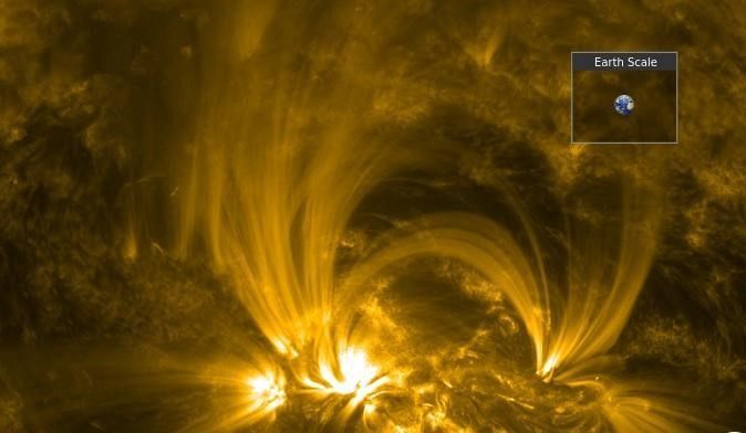 Imagem de uma região ativa do Sol, registrada pelo Solar Dynamics Observatory (SDO/Nasa), comparada com o tamanho da Terra. Apesar das diferenças, os estudos dos flares solares constituem o principal aporte para o entendimento das superexplosões estelares