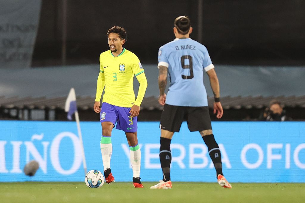 Marquinhos. Uruguai x Brasil no Estadio Centenario em Montevideu pelas Eliminatórias 2026