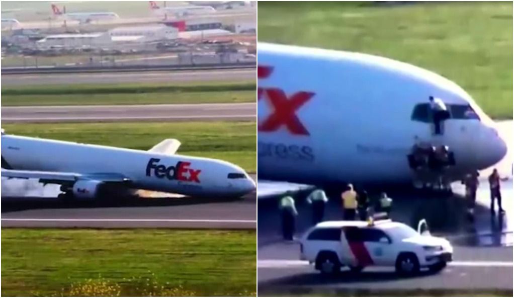 Pilotos saem pela janela após pouso de avião de carga da Boeing sem rodas dianteiras em aeroporto de Istambul
