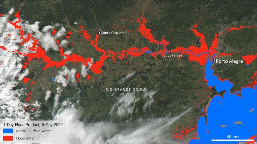 Imagem mostra, na cor azul, o nível normal dos rios que banham a Grande Porto Alegre e, em vermelho, como esses cursos d'água ficaram após as tempestades