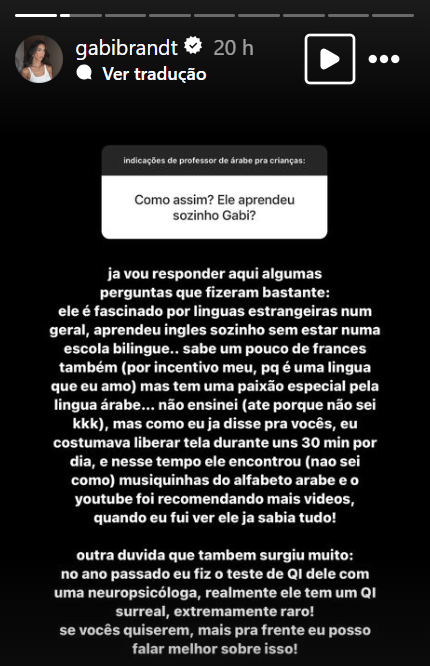 Explicação que Gabi Brandt publicou em seu Instagram nesta sexta-feira (10)