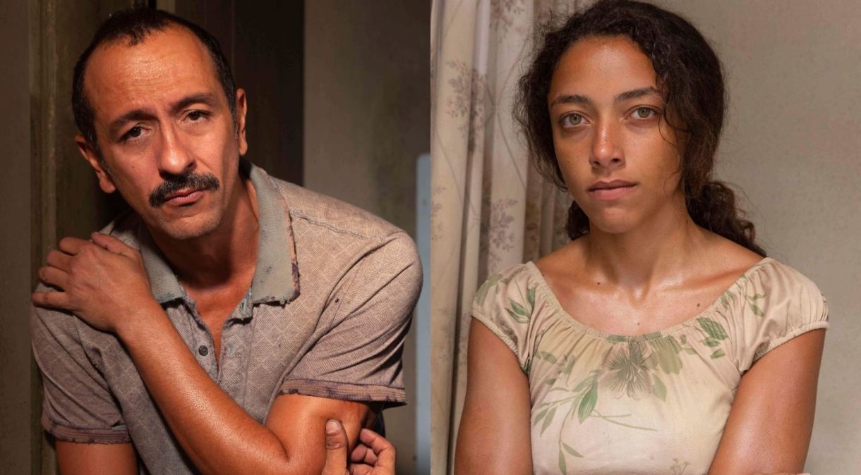 Tião Galinha (Irandhir Santos) e Joana (Alice Carvalho) vivem momentos diferentes em "Renascer"