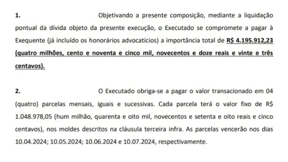 trecho de acordo com datas e forma de pagamento a Ronaldinho