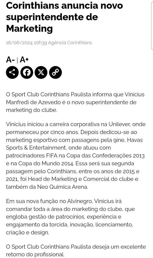 Corinthians oficializa Vinicius Manfredi como novo superintendente de marketing do clube