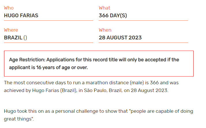 Hugo Farias entrou para o Livro dos Recordes ao completar 366 maratonas em 366 dias consecutivos