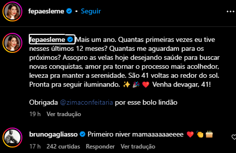 Comentário de Bruno Gagliasso no post de comemoração de aniversário de Fernanda Paes Leme