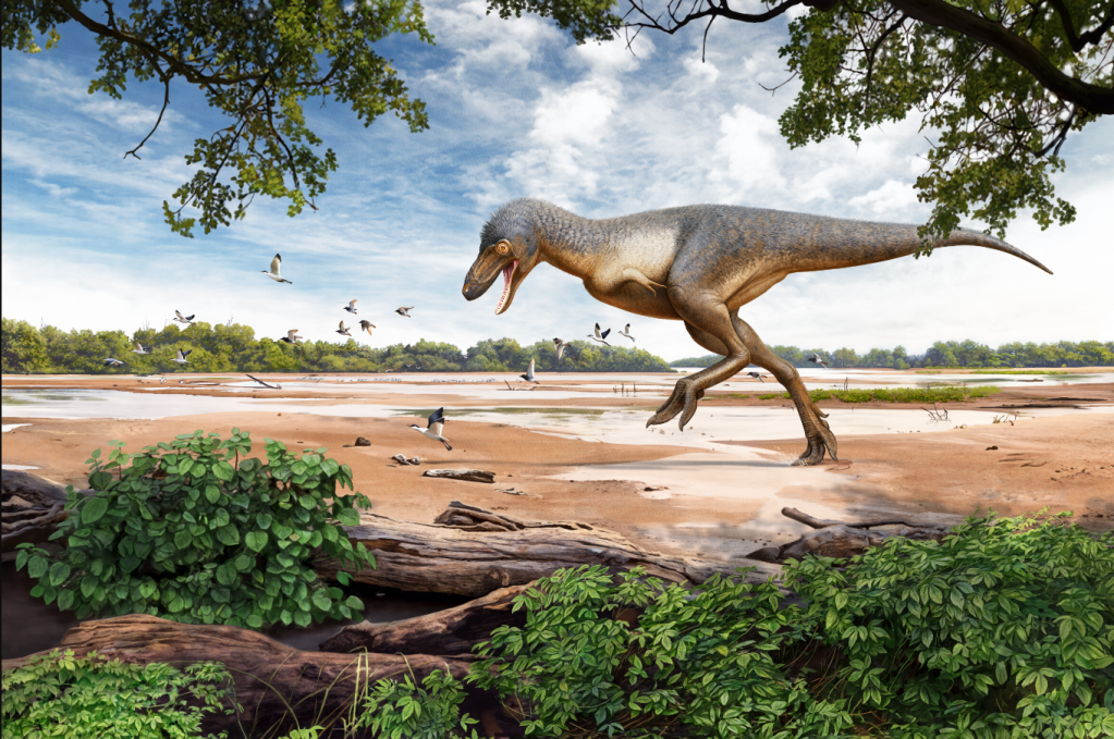 Reconstrução da antiga paisagem de 67 milhões de anos da Dakota do Norte com um Tyrannosaurus rex juvenil