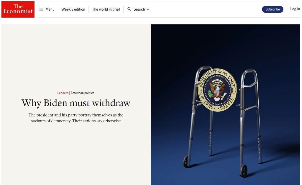 Versão do site da capa do jornal The Economist com crítica a Joe Biden