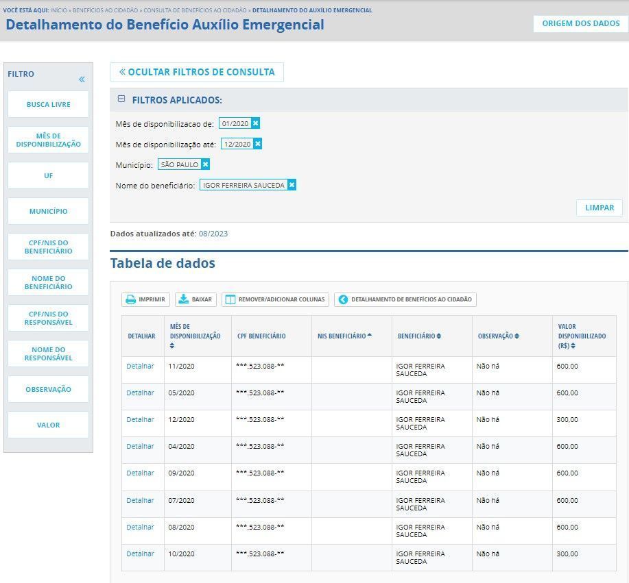 Portal da Transparência do governo federal revela que Igor Sauceda recebeu R$ 4.200 de Auxílio Emergencial em 2020