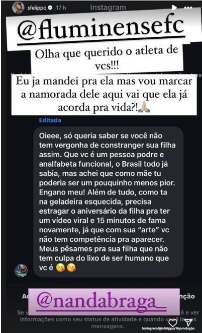 Samara Felippo expõe comentário de atleta do Fluminense nas redes sociais