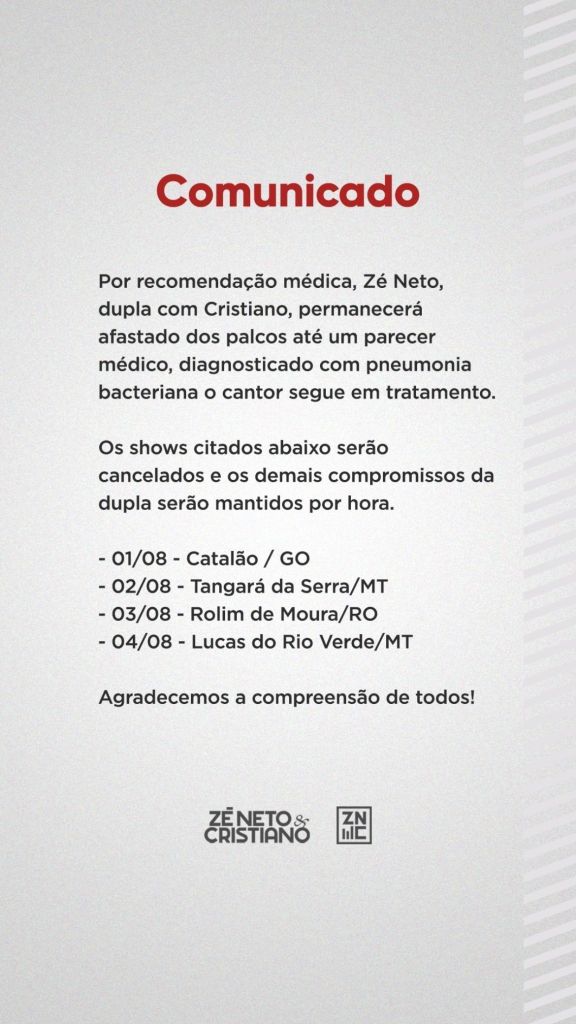 Comunicado de cancelamento de shows