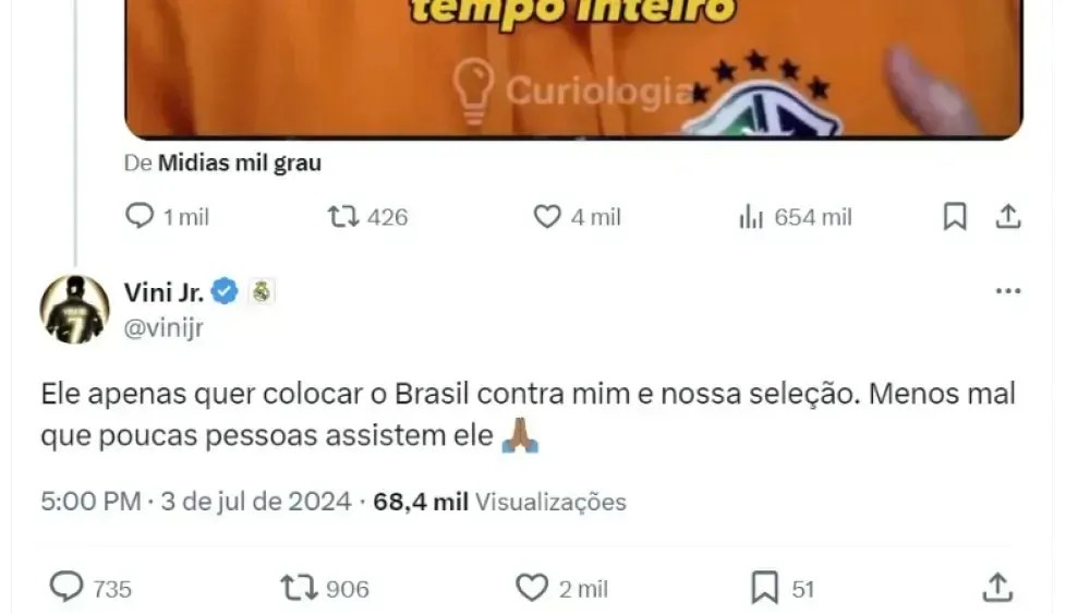 Vinicius Júnior respondeu Tiago Leifert nas redes sociais