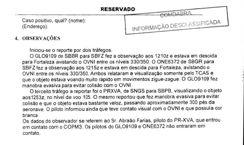 Relato sobre ocorrência envolvendo voo da Gol e OVNI em 2014 no Ceará