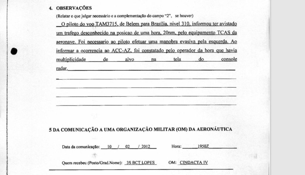 Piloto da TAM reportou que precisou fazer "manobra evasiva" para desviar de OVNI em 2012