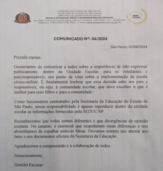 Comunicado enviado pela direção da EE Profª Guiomar Rocha Rinaldi aos professores sobre a implantação do modelo cívico-militar