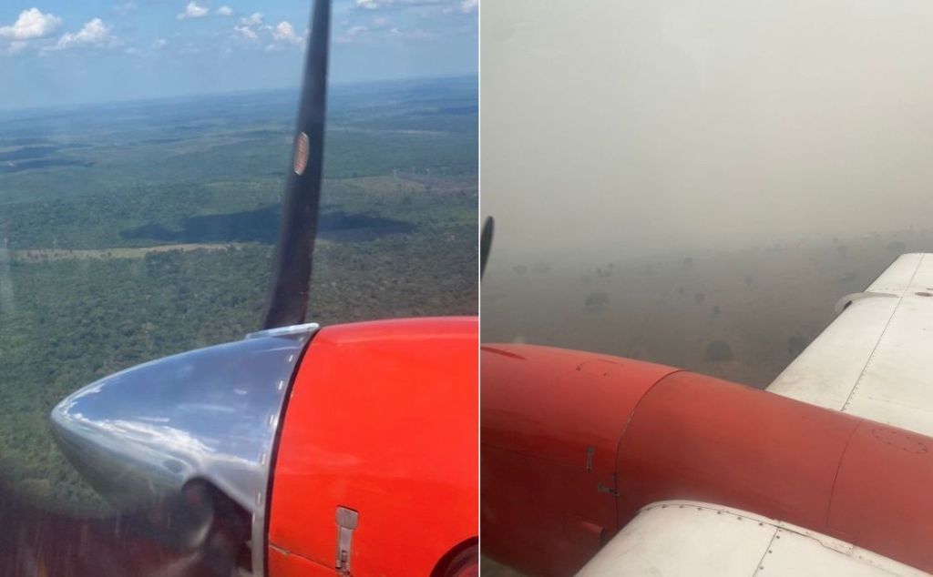 Pouso no aeroporto de Apuí-AM, do lado esquerdo em março, do direito em agosto, já com impacto das queimadas