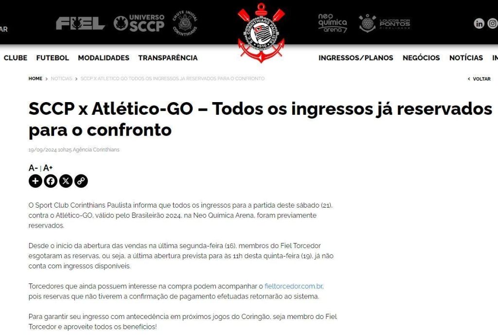 Corinthians divulga nota sobre ingressos esgotados para a possível estreia de Memphis Depay