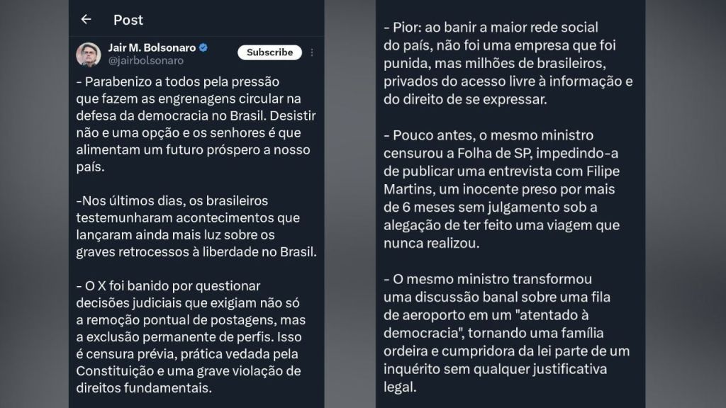 Mensagem de Jair Bolsonaro no X