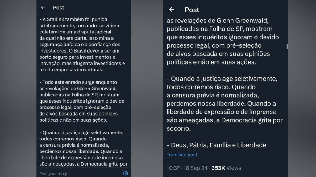 Continuação da mensagem de Jair Bolsonaro no X