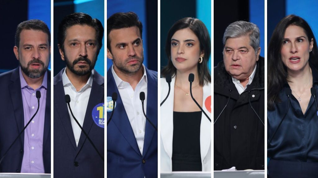 Boulos, Nunes, Marçal, Tabata, Datena e Marina Helena no debate entre os candidatos a prefeito de São Paulo na TV Record