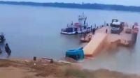 Vídeo mostra carreta "mergulhando" em rio durante transporte no Amazonas