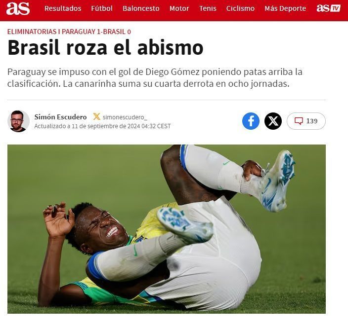 Jornal AS criticou desempenho de Vinicius Jr. 