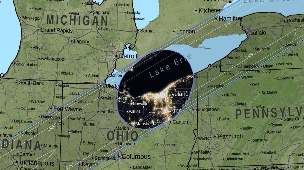 Mapa mostrando a umbra (sombra central da Lua) passando por Cleveland às 15h15, horário local, durante o eclipse solar total de 8 de abril de 2024