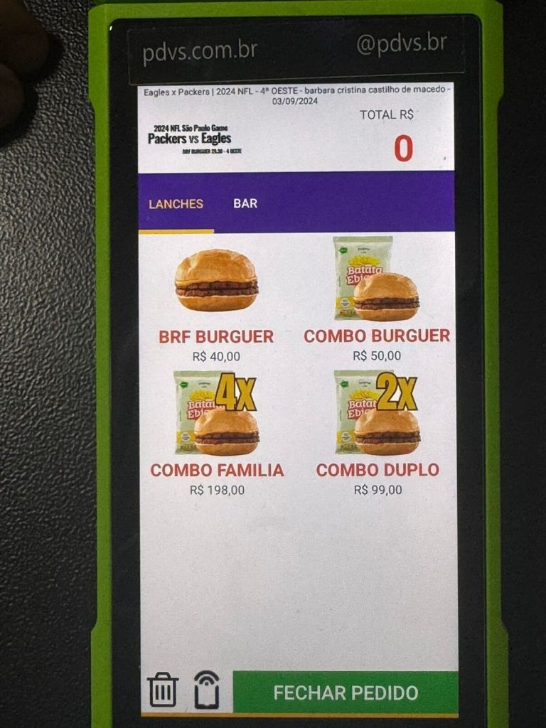 Preços das comidas no jogo da NFL no Brasil