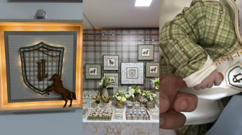 Influenciadora exibiu a decoração em verde, marrom e branco com estampas de cavalo e o brasão com as iniciais do filho