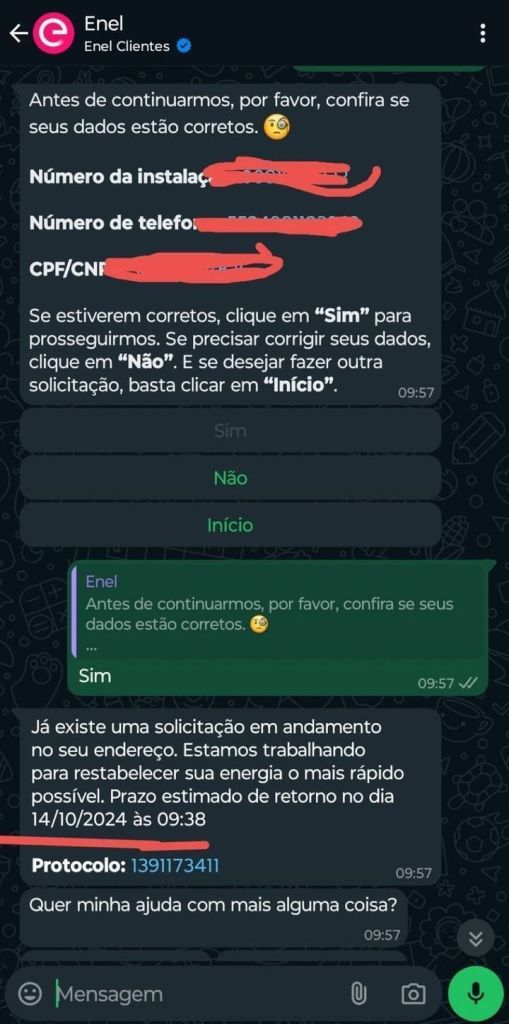 Alguns clientes estão sendo notificados que a energia voltará apenas na segunda-feira (14)