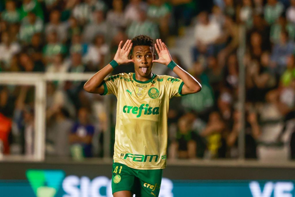 Estevão comemora gol pelo Palmeiras contra o Juventude