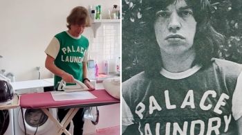 No registro, o músico apareceu com a clássica camiseta branca com a estampa "Palace Laundry" dos anos 1970