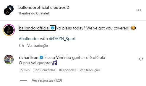 Richarlison deixou comentário em defesa de Vinicius Jr.