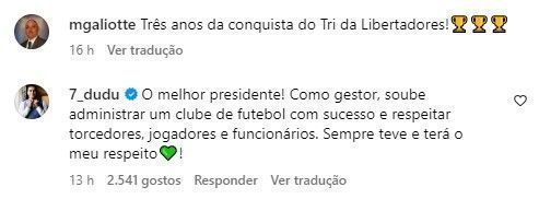 Dudu comentou em post de Maurício Galiotte, ex-presidente do Palmeiras