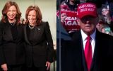 Kamala Harris ao lado de Maya Rudolph no SNL, e Donald Trump em comício