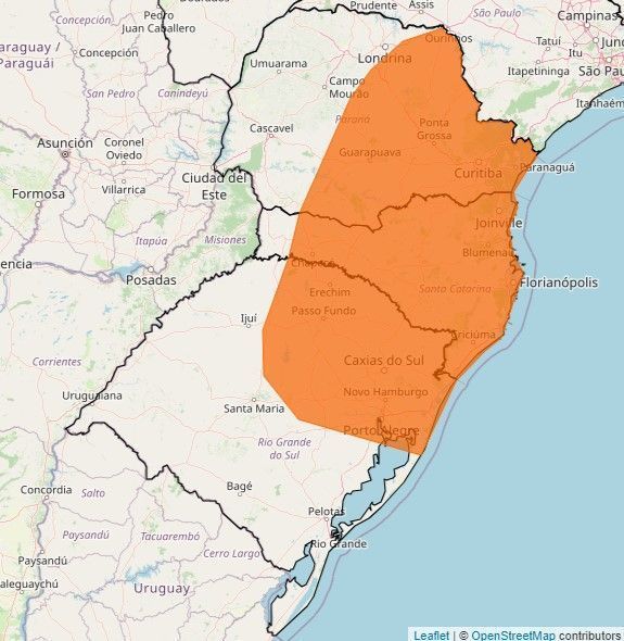 Alerta para tempestades na região Sul do Brasil, válido até o dia 2 de janeiro